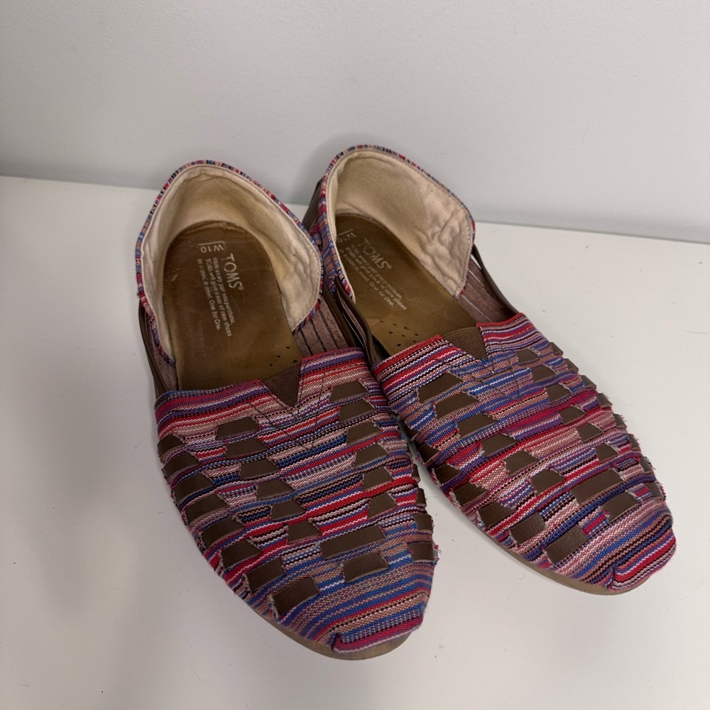 TOMS Shoes Alpargata Huarache BROWN Leather/ Multi Color Fabric SZ 10 wide